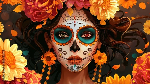 Dia de los muertos, Mexican holiday of the dead and halloween. Woman with sugar skull make up and flowers