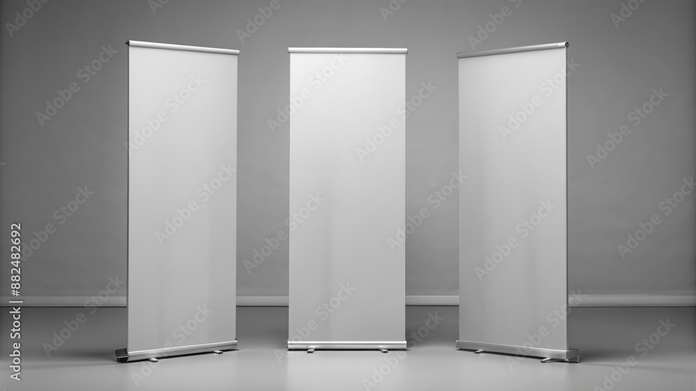 Three identical blank roll-up banners standing upright on a plain gray background, awaiting custom designs for presentation mockups. Three identical blank roll-up banners standing upright on a plain gray background, awaiting custom designs for presentation mockups.