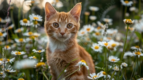 cute ginger cat sits in daisy flowers