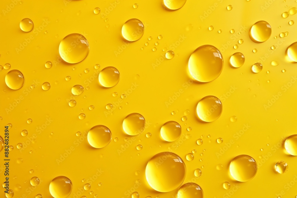 Condensation water or beer drops on a yellow glass texture background. Champagne or oil droplets, pure juice blobs .Top view Condensation water or beer drops on a yellow glass texture background. Champagne or oil droplets, pure juice blobs .Top view