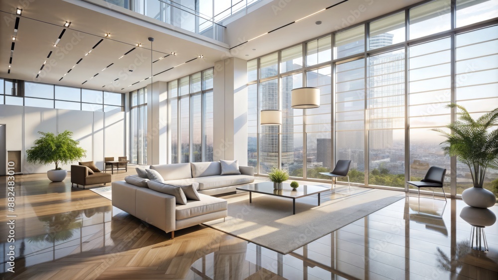 Fototapeta premium Minimalist, sleek, modern, white, airy, expansive, empty, corporate, neutral, high-ceiling, glass, window, abstract, blurred, subtle, calm, sophisticated, ideal.