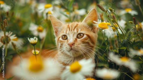 cute ginger cat sits in daisy flowers