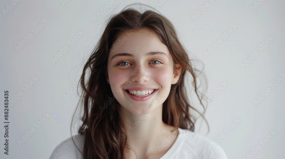 A happy woman with long hair smiling directly at the camera, great for personal or professional use A happy woman with long hair smiling directly at the camera, great for personal or professional use
