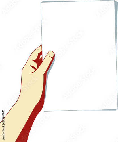 Hand holding white empty paper on white background