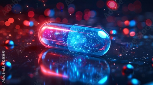Smart digital pill or capsule on glowing blue and red background. Future Healthcare, Pharmaceutical and scientific medical technology concept.