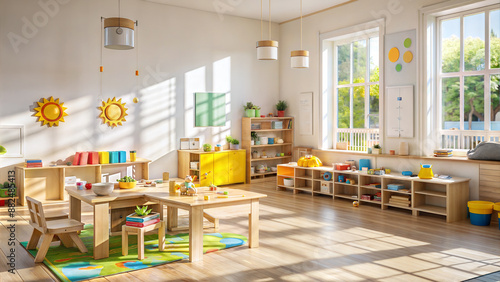 Children's room with a wooden table, chairs, toys and a window