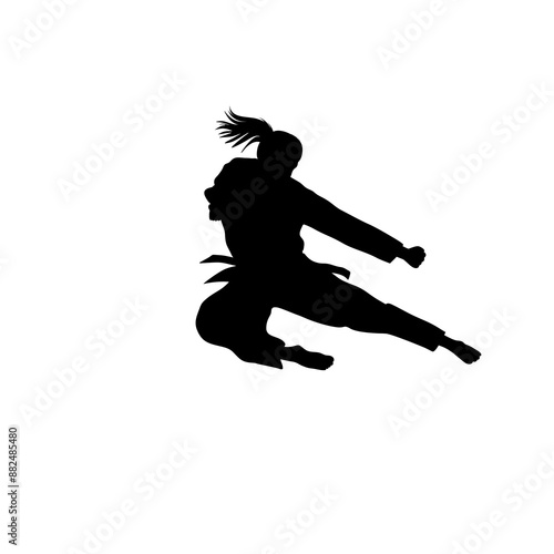 martial arts, female silhouette jumping and kicking vector