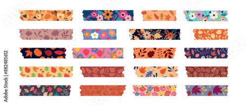 Collection of Washi tapes with autumn leaves and flowers. Colorful album stripes, sticky labels in floral style.