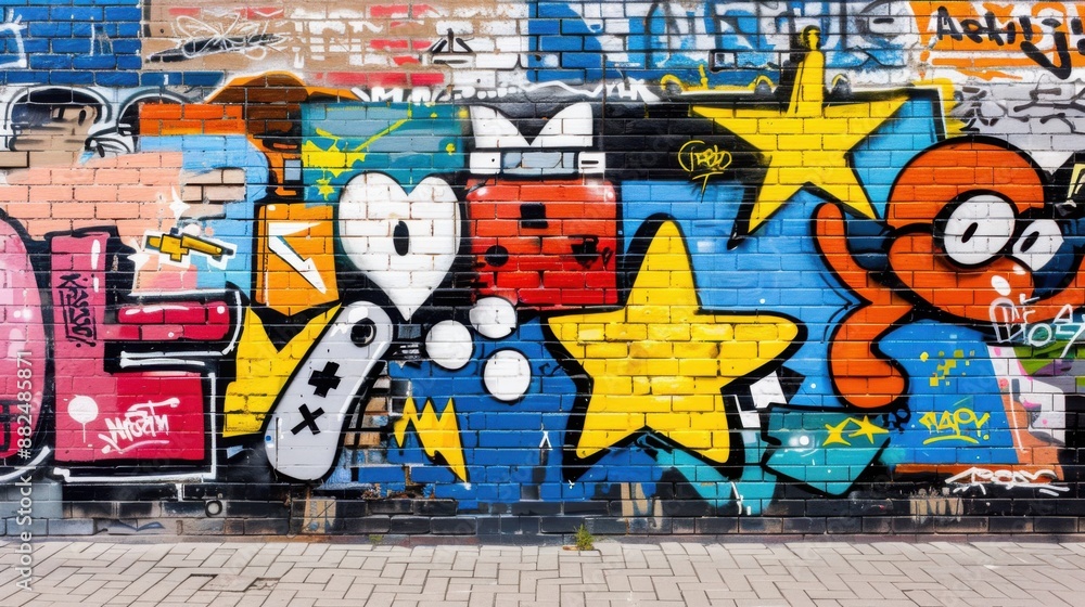 Fototapeta premium A graffiti-covered brick wall showcasing a mix of gaming symbols and cartoonish figures, blending nostalgic gaming culture with contemporary street art