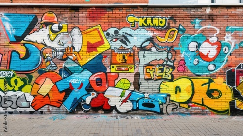 A graffiti-covered brick wall showcasing a mix of gaming symbols and cartoonish figures, blending nostalgic gaming culture with contemporary street art photo