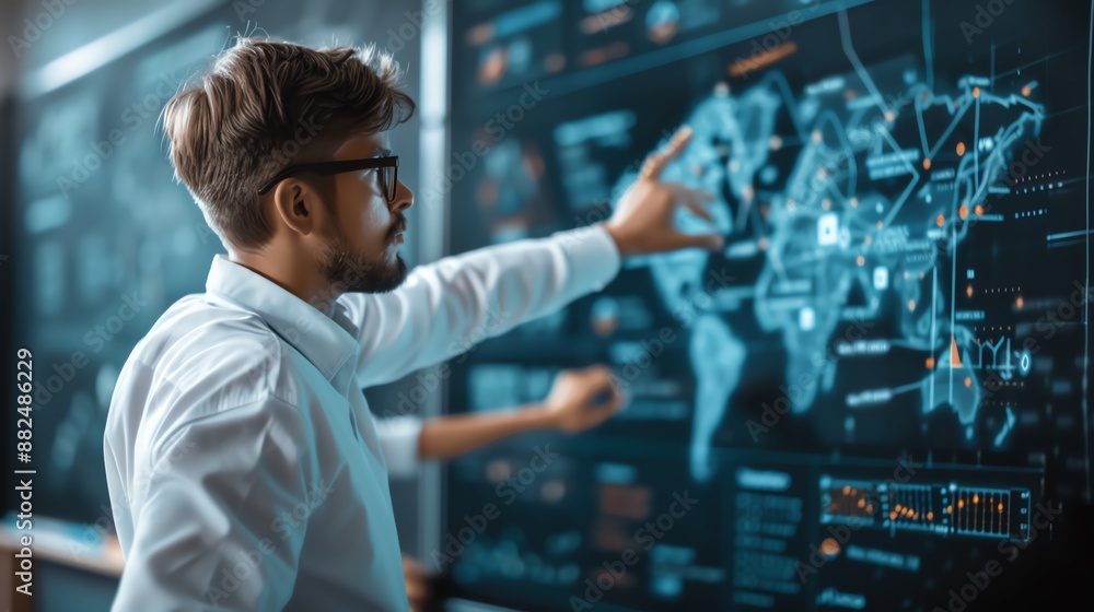 Business professional analyzing global data on a digital screen in a modern office setting, focusing on international business trends. Business professional analyzing global data on a digital screen in a modern office setting, focusing on international business trends.