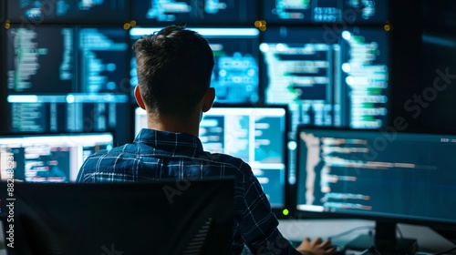 Rear view of a programmer working on multiple screens, writing complex code for software development and cybersecurity in a modern office environment.