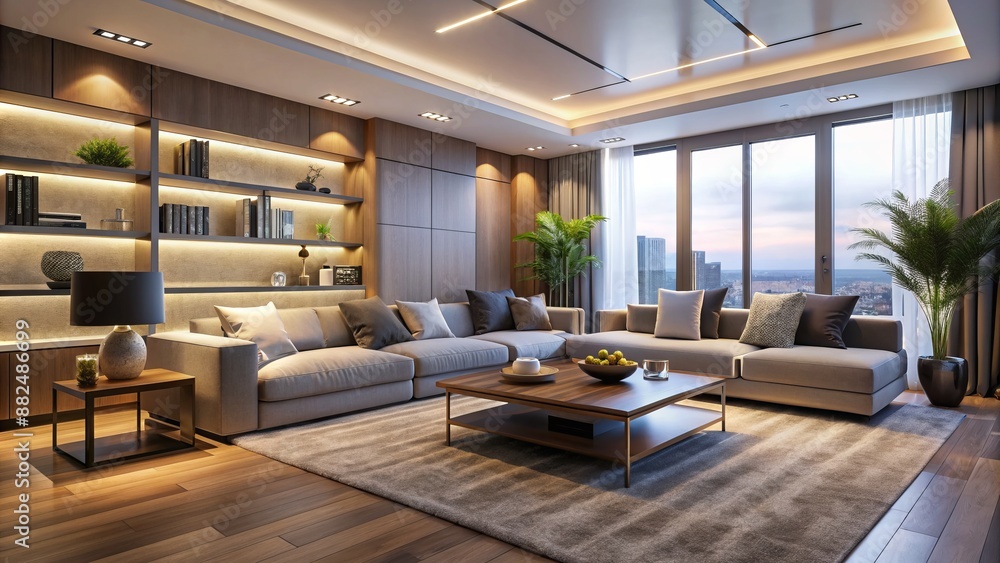 Warmly lit, minimalist modern living room with sleek furniture, soft cushions, and subtle ambient lighting, perfect for virtual gatherings. Warmly lit, minimalist modern living room with sleek furniture, soft cushions, and subtle ambient lighting, perfect for virtual gatherings.