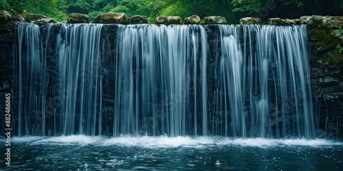 A peaceful waterfall cascading over rocks in a lush forest setting, creating a calming and natural scene.