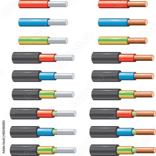 Electrical power cables and wires. Realistic vector. Energy cables with insulated copper and aluminium conductors and twisted core.