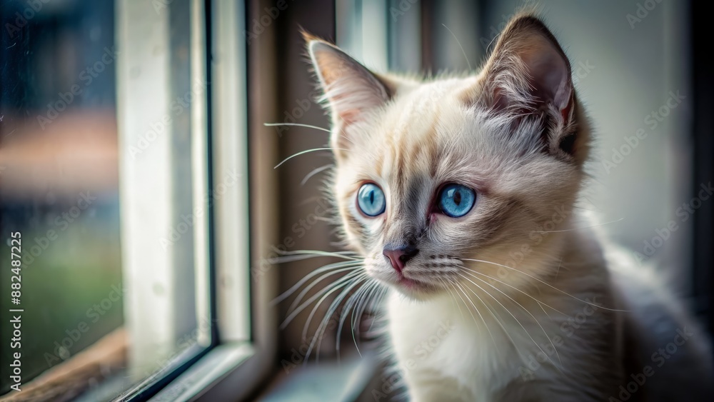 Lonely Thai bred kitten with piercing blue eyes gazes wistfully out the window, its adorable face filled with melancholy and longing. Lonely Thai bred kitten with piercing blue eyes gazes wistfully out the window, its adorable face filled with melancholy and longing.