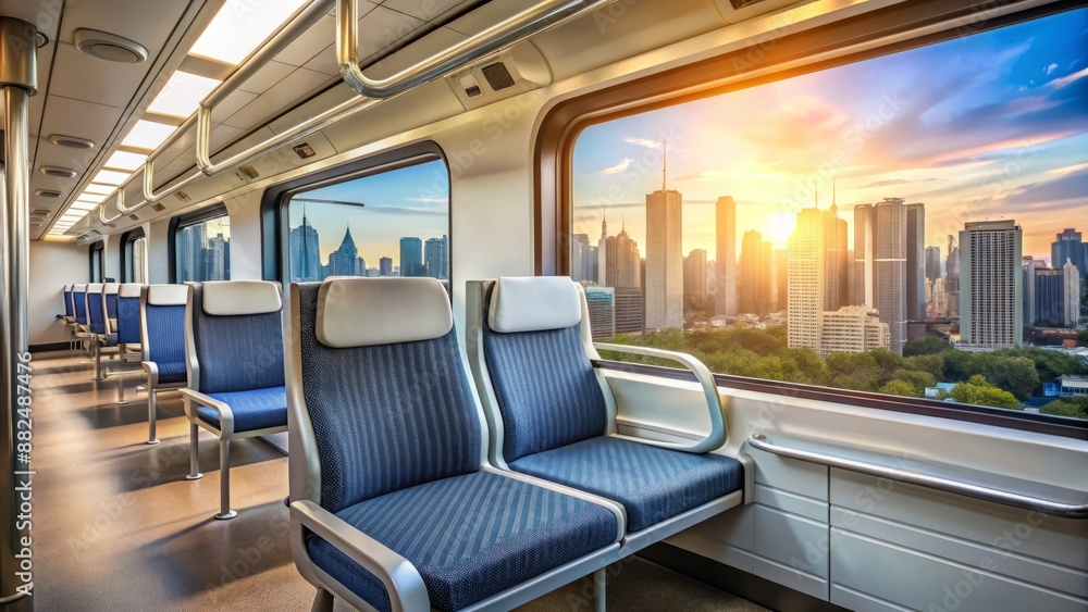 Empty commuter train carriage with sleek modern seats and polished handrails, smartphone displayed on vacant seat, cityscape blurs outside. Empty commuter train carriage with sleek modern seats and polished handrails, smartphone displayed on vacant seat, cityscape blurs outside.