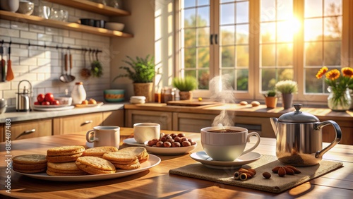 Cozy kitchen setting with warm and inviting breakfast scene featuring AI-generated steaming hot coffee and freshly baked biscuits.