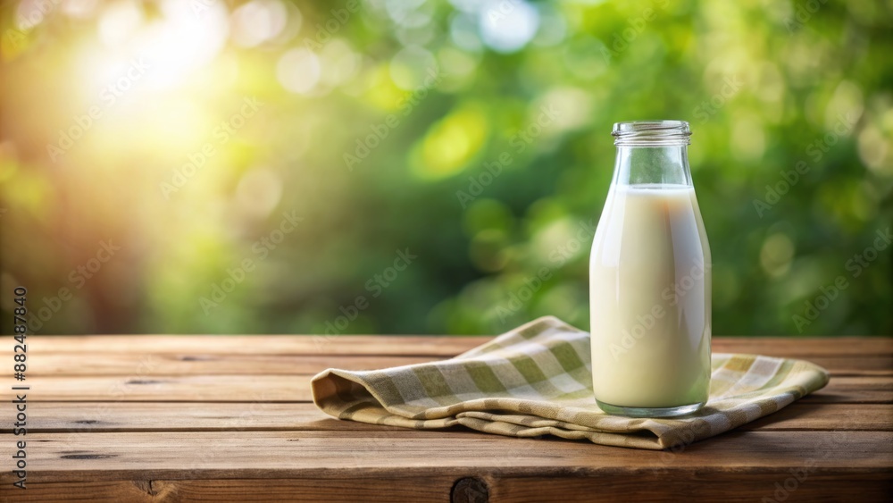Simple, rustic, empty wooden table with a solitary bottle of cold milk on it, set against a soft, blurred background. Simple, rustic, empty wooden table with a solitary bottle of cold milk on it, set against a soft, blurred background.