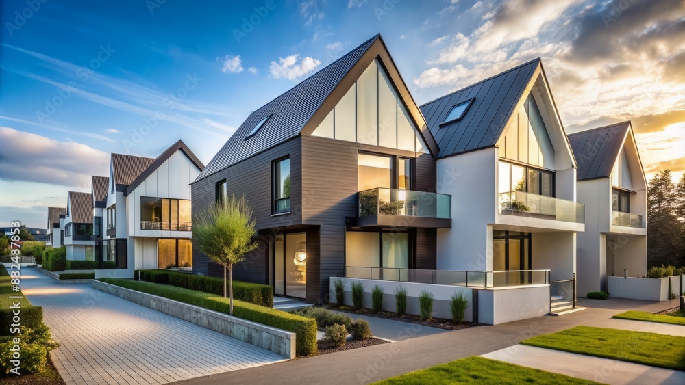 Modern angular-roofed houses with clean lines and minimalist aesthetic sit adjacent to each other in a sleek urban landscape. Modern angular-roofed houses with clean lines and minimalist aesthetic sit adjacent to each other in a sleek urban landscape.