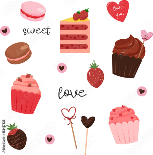 Set of illustrations with strawberries. Fresh berries, tea, strawberry smoothie. Set of teapots and cups. Cute teaware. Vector illustration