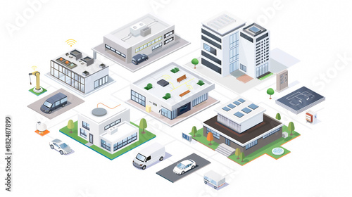 A detailed isometric illustration of a smart city, featuring modern buildings, vehicles, and interconnected technology. © Ritthichai