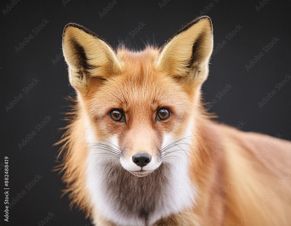 Headshot of a red fox with attentive eyes against a black backdrop