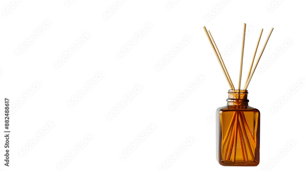 A Glass Reed Diffuser Bottle With Wooden Sticks on a White Background A Glass Reed Diffuser Bottle With Wooden Sticks on a White Background