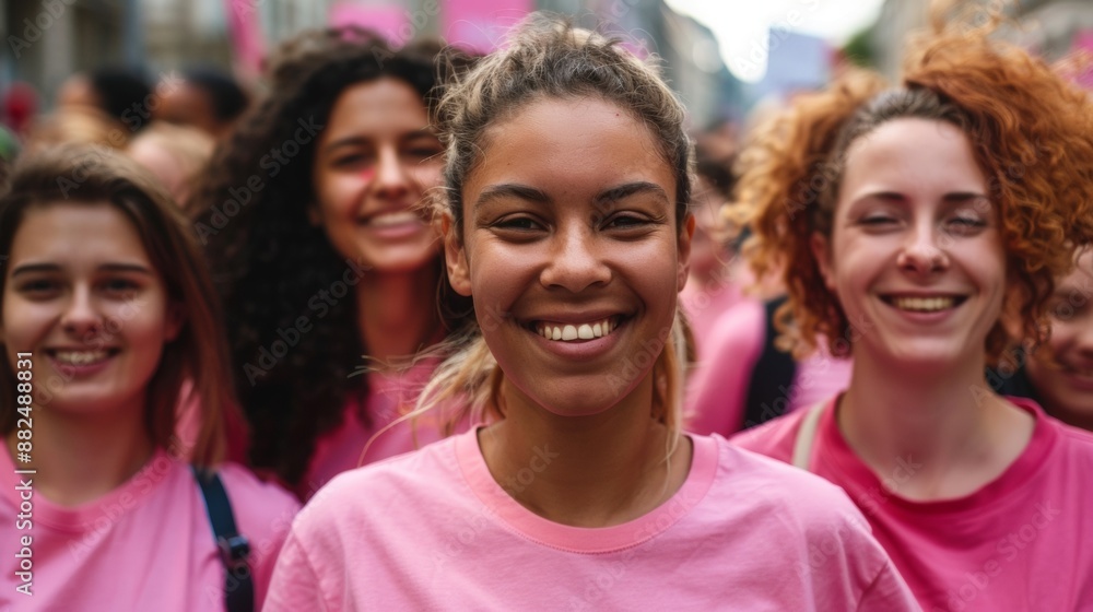beautiful woman smiling in pink shirt in a group of women at a world breast cancer day march beautiful woman smiling in pink shirt in a group of women at a world breast cancer day march