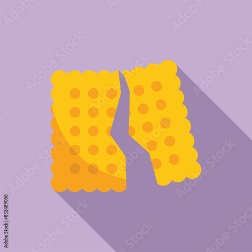 Square cracker breaking apart, simple flat design icon with long shadow on purple background
