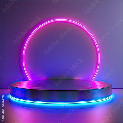 round podium made of neon plastic. scene for photoshop. high contrast. neon glare. super close shot. White background, generative ai