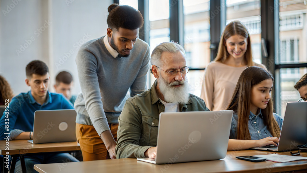 Group of multiethnic people working on laptop together at modern office Group of multiethnic people working on laptop together at modern office