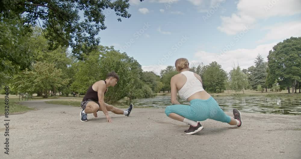 A fit sports couple stretches and warms up outdoors in a beautiful park by the lake on a bright, sunny day, preparing for their workout. A fit sports couple stretches and warms up outdoors in a beautiful park by the lake on a bright, sunny day, preparing for their workout.