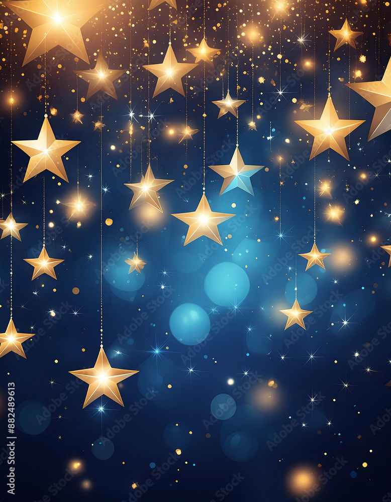 Golden stars dangle on strings against a dark blue background, creating a festive atmosphere Golden stars dangle on strings against a dark blue background, creating a festive atmosphere
