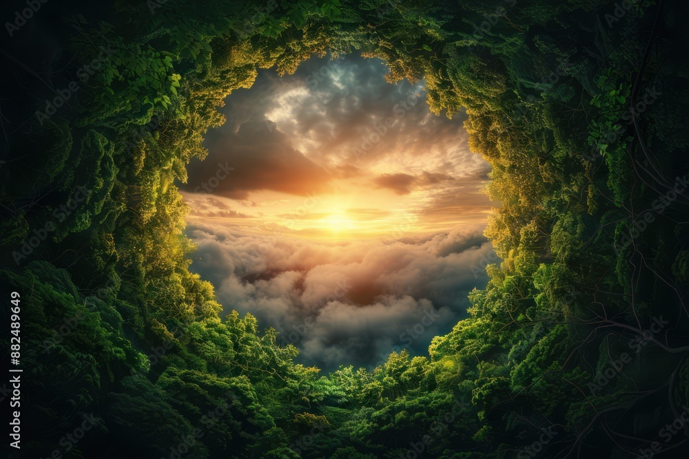 Mysterious Top View Panorama Enigmatic Overhead Vista of a Sunset Through a Forest Canopy, Revealing a Hidden World of Clouds and Light Mysterious Top View Panorama Enigmatic Overhead Vista of a Sunset Through a Forest Canopy, Revealing a Hidden World of Clouds and Light