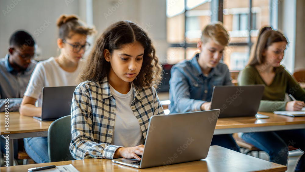 Group of students working on laptop computer in classroom. Selective focus.
