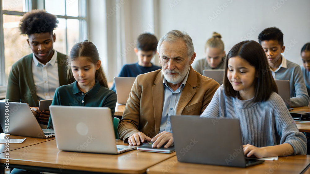 Group of diverse students using laptop computer together in classroom. Multiethnic group of students studying together. Education and technology concept Group of diverse students using laptop computer together in classroom. Multiethnic group of students studying together. Education and technology concept