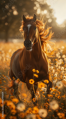Majestic Horse Galloping in Pastel Meadow at 8K Ultra-Realistic Quality