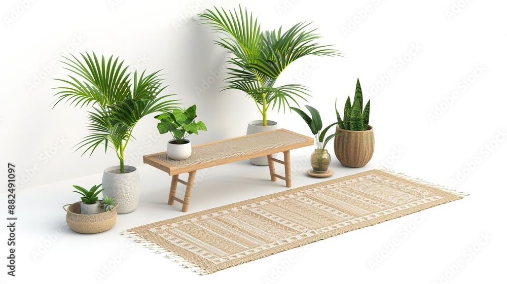 Fototapeta premium Isometric 3D Render of Tropical Entryway with Rattan Bench, Tropical Foliage, and Woven Rug on Isolated White Background