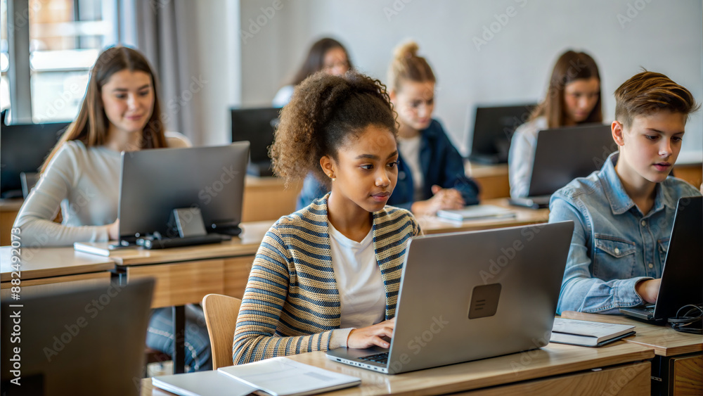 Group of students using laptop in classroom. Selective focus on girl Group of students using laptop in classroom. Selective focus on girl