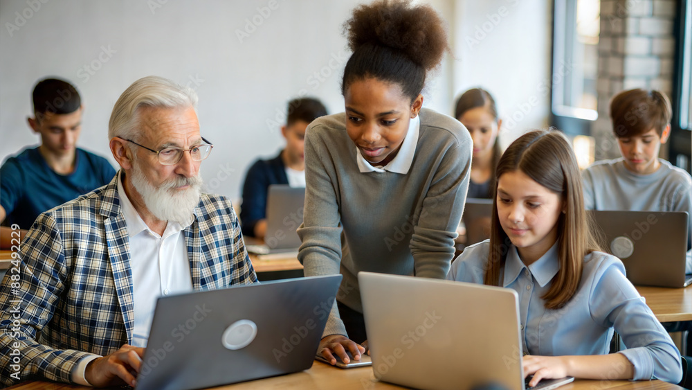 Diverse group of students and teacher working on laptop computer in classroom Diverse group of students and teacher working on laptop computer in classroom