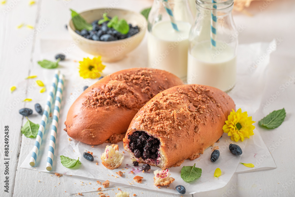 Homemade and tasty blueberry yeast cake as summer snack. Homemade and tasty blueberry yeast cake as summer snack.