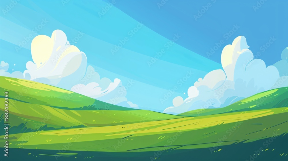 Fototapeta premium Cartoon Landscape with Green Hills and Fluffy Clouds