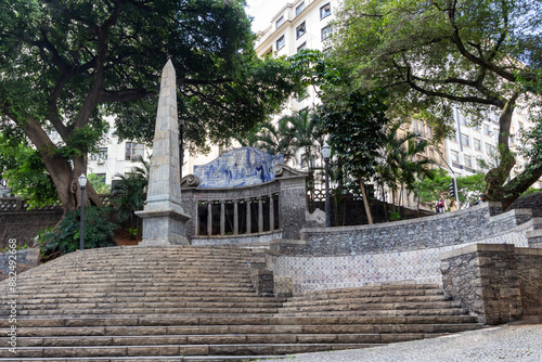 Largo da Memória e o Obelisco do Piques - SÃO PAULO, SP, BRAZIL - MARCH 17, 2024: Largo da Memória with its famous Obelisco dos Piques monument and historical tiles.