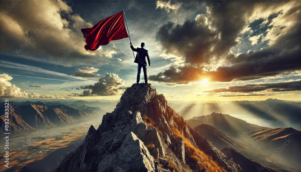 Obraz premium Businessman standing on mountain peak holding a red flag, symbolizing achievement and success against a dramatic sunset sky.
