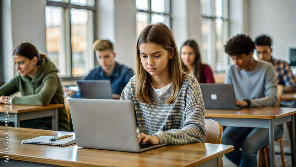 Group of students sitting in a lecture hall and using a laptop computer Group of students sitting in a lecture hall and using a laptop computer