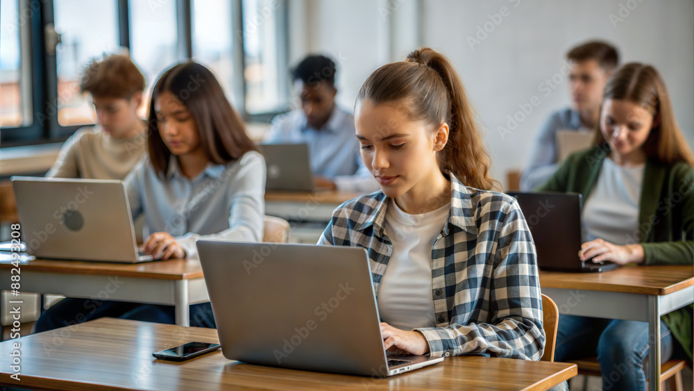 education, high school, technology and people concept - group of smiling students with laptop computers in classroom education, high school, technology and people concept - group of smiling students with laptop computers in classroom