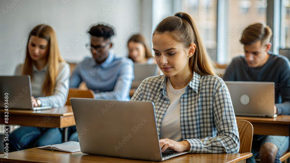 Portrait of a young female student working on her laptop in a classroom Portrait of a young female student working on her laptop in a classroom