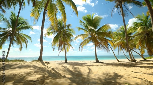 palm trees sway gently in the warm breeze, their fronds casting dappled shadows on the golden sands of the beach