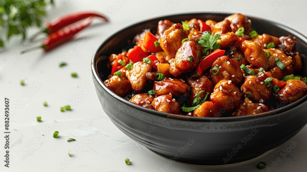 Kung pao chicken Chinese food with accompaniments in a black bowl whit hand, looks delicious on a clean white background. Kung pao chicken Chinese food with accompaniments in a black bowl whit hand, looks delicious on a clean white background.